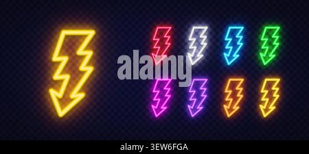 Set of 9 neon lightning bolt icons with wide shape and arrow bottom in yellow, red, blue, green, orange, pink and purple on dark transparent Stock Vector