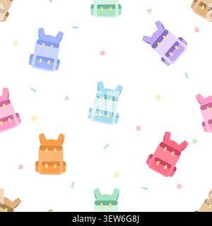 A charming seamless background featuring colorful pastel school bags and small geometric shapes scattered on white. Playful repeating pattern perfect Stock Vector