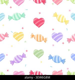 A sweet seamless background featuring colorful pastel wrapped candies, love hearts, and tiny sparkles scattered on white. Playful repeating pattern pe Stock Vector