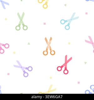 A charming seamless background featuring colorful pastel scissors and small geometric shapes scattered on white. Playful repeating pattern perfect for Stock Vector