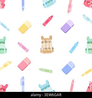 A charming seamless background featuring colorful pastel stationery items scattered on white. Playful repeating pattern with school bags, erasers, cra Stock Vector