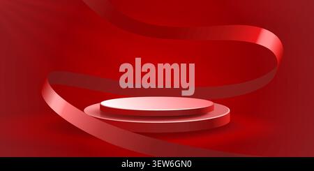 Red product podium stage with flowing ribbon. A festive background for promotions and product display. Vector illustration. Stock Vector