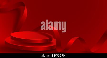Red product podium display with elegant ribbon, perfect for promotion or festive events. Vector illustration Stock Vector