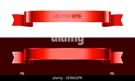 Shiny red vector ribbon banner set on white and dark background. Perfect for sales, promotions, decoration, and web design elements. Vector illustration Stock Vector