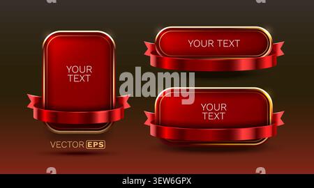 Shiny red luxury labels and ribbons with golden border. Premium design for sale, promotion, award banners. Vector illustration. Stock Vector