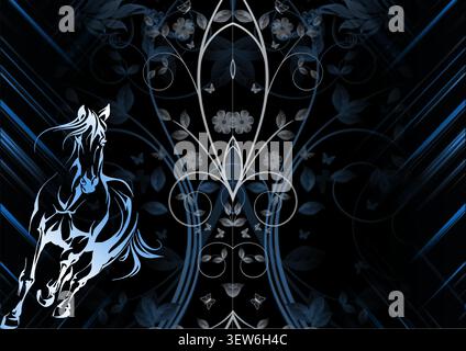 Modern Dark Background Design with Horse Illustration and Decorative Flourish - Elegant Horse Silhouette with Floral Ornaments and Abstract Blue Backg Stock Vector