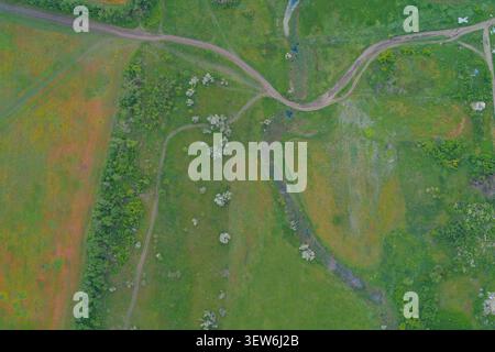 Multiple dirt paths crossing vibrant green pastures with blossoming wildflower patches and small river stream, showcasing wild countryside land topography and field textures. Stock Photo