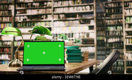 Laptop with green screen copy space in empty library on wooden table, beside green lamps and stack of books. Academic environment with bookshelves used for studying, screen replacement. Stock Photo
