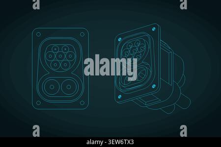 CCS Combo 2 EV charging port blueprints, stylized vector illustration Stock Vector