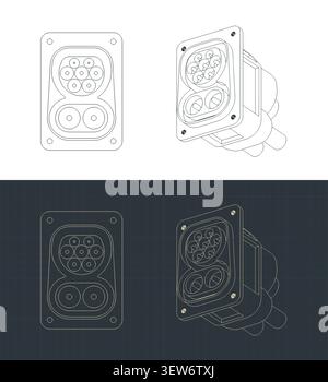 CCS Combo 2 EV charging port blueprints, stylized vector illustrations Stock Vector
