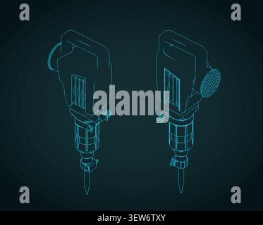 Handheld industrial jackhammer and demolition breaker tool isometric blueprints, stylized vector illustration Stock Vector