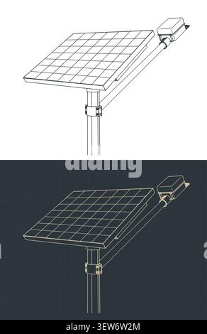 Solar street light blueprints stylized vector illustrations Stock Vector