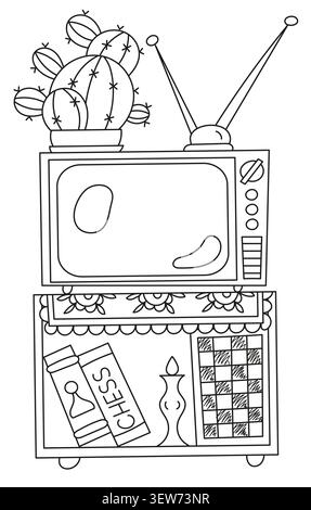 Tv On Stand With Chess Books And Coloring Page Stock Vector