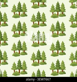 Seamless pattern with evergreen forest trees on light green background. Vector woodland nature background.  Stock Vector