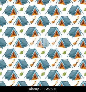 Seamless camping pattern with tents, roasted marshmallows and oak leaves on white background. Vector outdoor adventure background.  Stock Vector