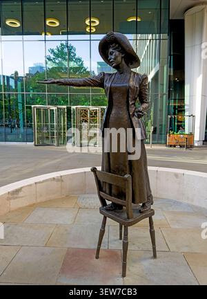 Rise up, Women, the Manchester monument in St Peters Square, to social change suffragette leader Emmeline Pankhurst, shown standing on a chair Stock Photo