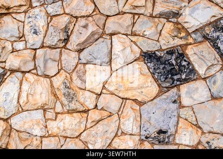 A close-up background texture of an organic and rustic stone wall built with irregular rocks, displaying earthy tones and natural patterns, shot in Br Stock Photo