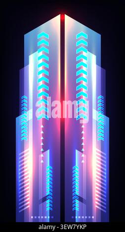 Futuristic technology abstract background with glowing blue and neon pink geometric pillars and upward arrows digital data progress in vertical sci fi Stock Vector