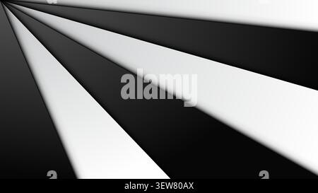 Black and white abstract geometric background with 3D diagonal stripes radiating from top corner for modern tech design Stock Vector