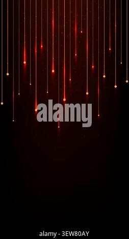 Abstract digital background featuring glowing red and orange vertical lines with hanging light particles on a dark gradient backdrop for futuristic te Stock Vector