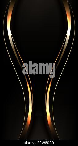 elegant abstract background for luxury branding features glowing golden metallic curves and symmetrical wave lines over a matte black backdrop to prem Stock Vector