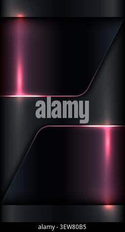 Dark metallic abstract background with glowing pink neon lines and layered brushed metal plates for futuristic high tech gaming wallpaper design Stock Vector