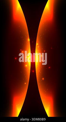 Abstract glowing orange and yellow energy beams forming a fiery hourglass shape on a dark background as dynamic digital artwork for futuristic concept Stock Vector
