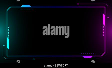 Futuristic hud neon border frame with cyan magenta gradient on black background for gaming stream overlay and tech interface template design Stock Vector