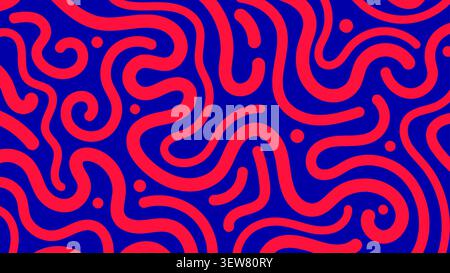 Abstract organic red curved lines and dots pattern on vibrant blue background modern psychedelic with fluid line art and minimalist retro aesthetic fo Stock Vector