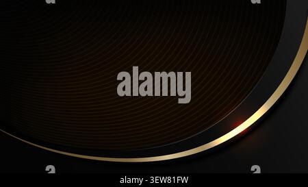 Luxury abstract background with elegant black and dark bronze overlapping curved shapes featuring a glowing metallic gold ribbon flare for corporate d Stock Vector