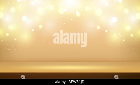showcase luxury products on empty golden studio stage during festive evening celebrations when bright blurry bokeh lights and sparkling glitters rain Stock Vector
