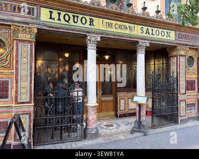 The Victorian era exterior of The Crown Liquor Saloon in Belfast, featuring ornate polychromatic tile work and architectural detailing. Stock Photo