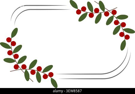 Minimal decorative frame composed of two curved double line borders with hand-drawn botanical sprigs bearing red berries and simple green oval leaves at. Minimalistic Flat design Copyspace Template Stock Vector