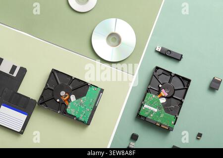 Various computer storage devices on colored backgrounds Stock Photo
