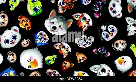 Vector illustration of diverse wildlife characters with large eyes arranged in a seamless repeat. Stock Vector