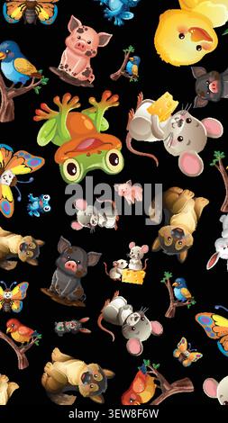 Colorful vector illustration of cute animals on black background for seamless textile design. Stock Vector
