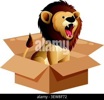 Vector illustration of a roaring lion sitting in a cardboard box on white background. Stock Vector