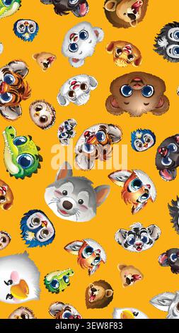 Vector illustration of diverse wildlife characters in a playful, colorful seamless pattern design. Stock Vector