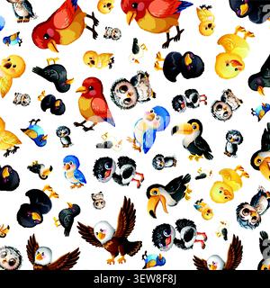 Colorful vector illustration of various cute birds arranged in a seamless repeating pattern design. Stock Vector