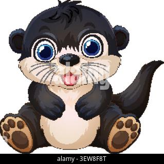 Cheerful baby otter character sitting with big blue eyes on a white background. Stock Vector