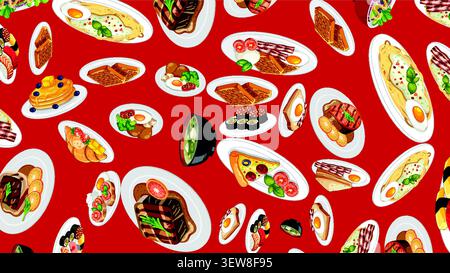 Colorful seamless vector pattern with various breakfast items, sushi, and grilled meats on red. Stock Vector