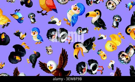 Colorful flat vector illustration of various cartoon birds arranged in a seamless repeating pattern. Stock Vector