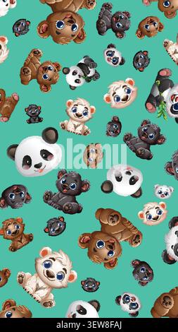 Seamless vector illustration of diverse cartoon bear characters on a vibrant teal background. Stock Vector