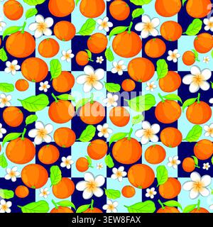 Repeating vector illustration of citrus fruits, green leaves, and blossoms over blue checkered background. Stock Vector