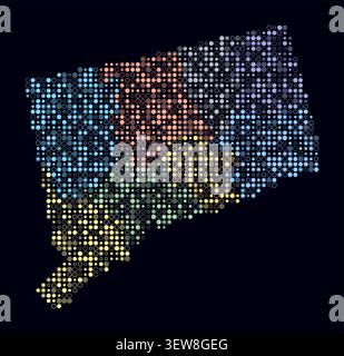 Shape of Connecticut composed of small colored circular cells on a dark background. A digital-style vector map made from tiny circular blocks. Stock Vector