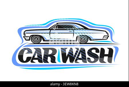 Vector logo for Car Wash, horizontal sign board with contour illustration of old coupe car, signboard with hand drawn oldtimer washing vehicle and dec Stock Vector