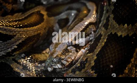Close-up portrait of a python snake head resting amidst its coiled scaly body Stock Photo