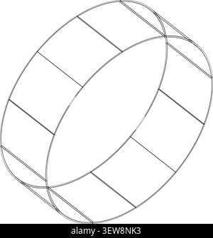 3D wireframe segmented torus-like ring with evenly spaced rectangular divisions, abstract geometric illustration for mathematics, engineering Stock Vector