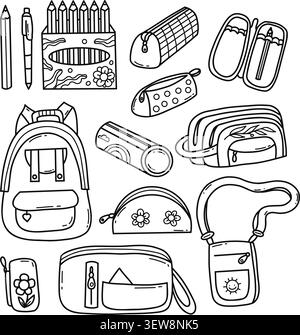 Back to School Doodle Set. Line Art Pencil Cases, Backpack, Pencils, Box of Pencils, Pen and Stationery. Vector Illustration. Isolated Hand Drawn, col Stock Vector