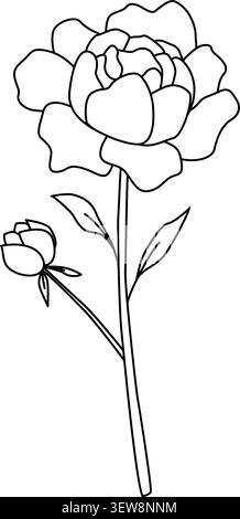 Minimalist line drawing of a flower with stem, leaves, and two blossoms, elegant botanical illustration in continuous outline style for design Stock Vector
